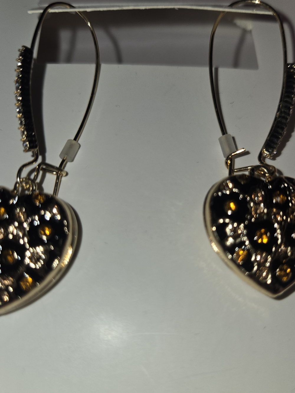 Betsey Johnson Gold Heart Drop Earrings with Amber Rhinestones Leopard Print - Picture 2 of 3